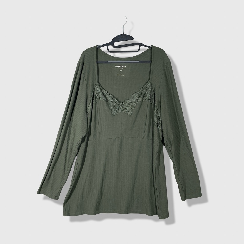 Torrid Super Soft Ribbed Top Women 4 Green Lace Trim Boho Romantic Fairycore